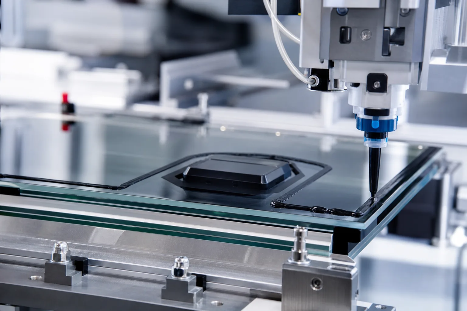 A technical scene highlighting precise adhesive application during LiDAR window assembly in a controlled automotive environment.