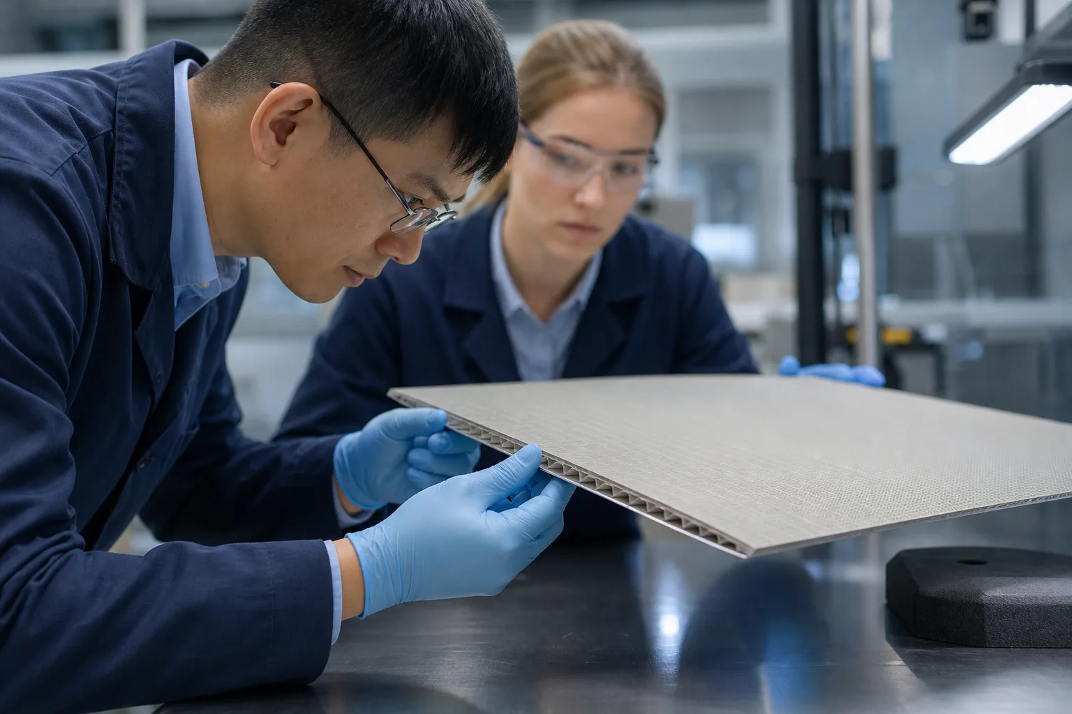 This image depicts quality control of a low dielectric loss millimeter-wave radome panel, highlighting the attention to signal transmission properties in modern manufacturing.