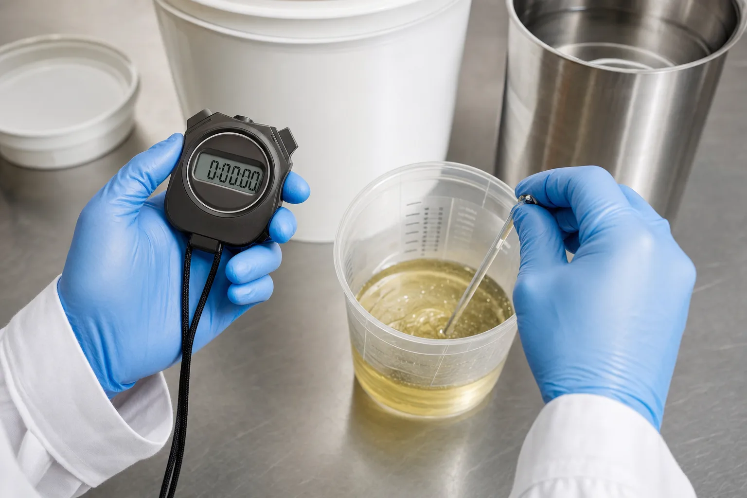 A technician records the critical pot life window for a freshly mixed 2-part polyurethane resin, emphasizing accurate timing and process control in modern manufacturing.