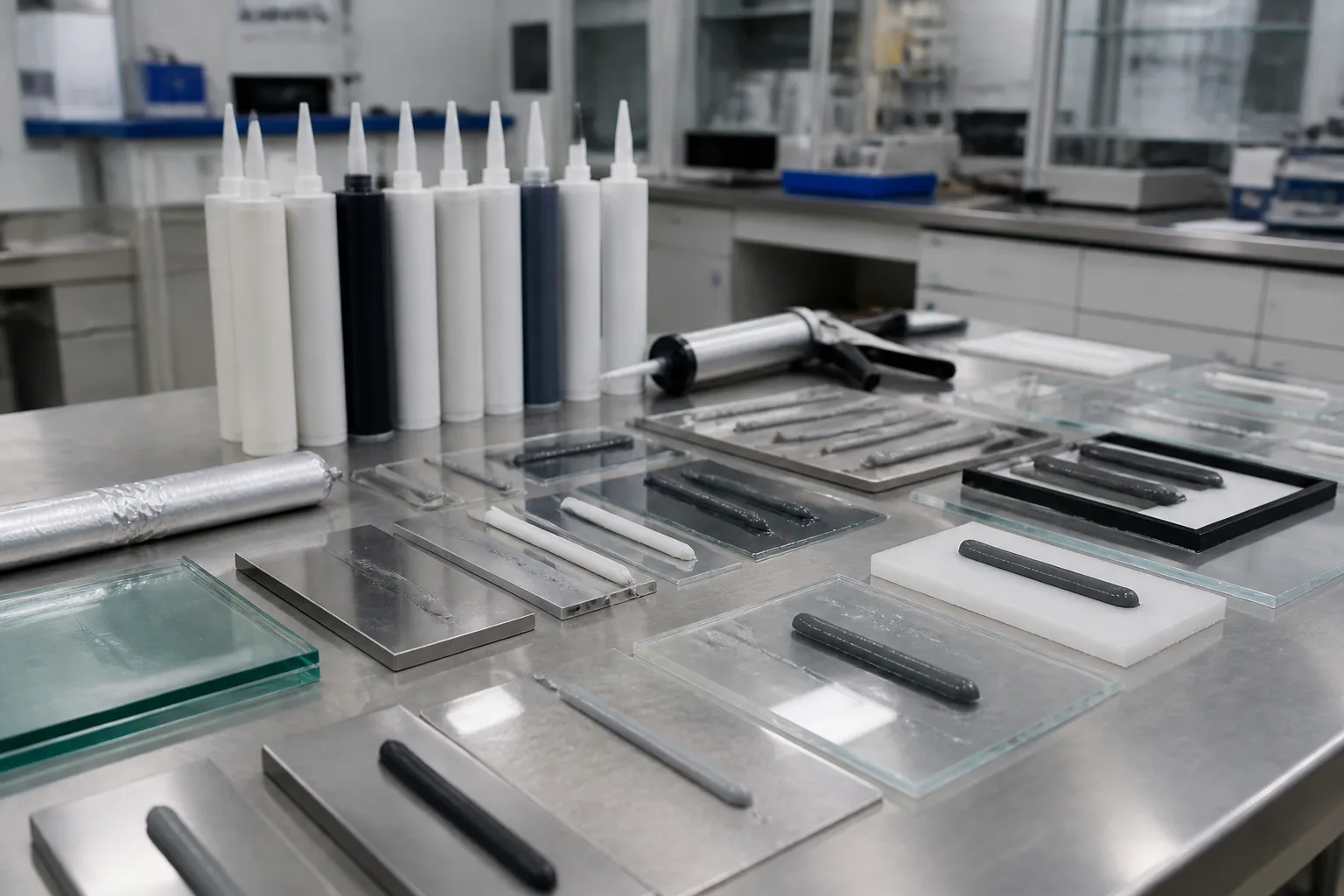Un entorno de laboratorio profesional donde se aplican diferentes selladores impermeables no tóxicos a muestras de metal, vidrio y plástico, mostrando el proceso de evaluación técnica.