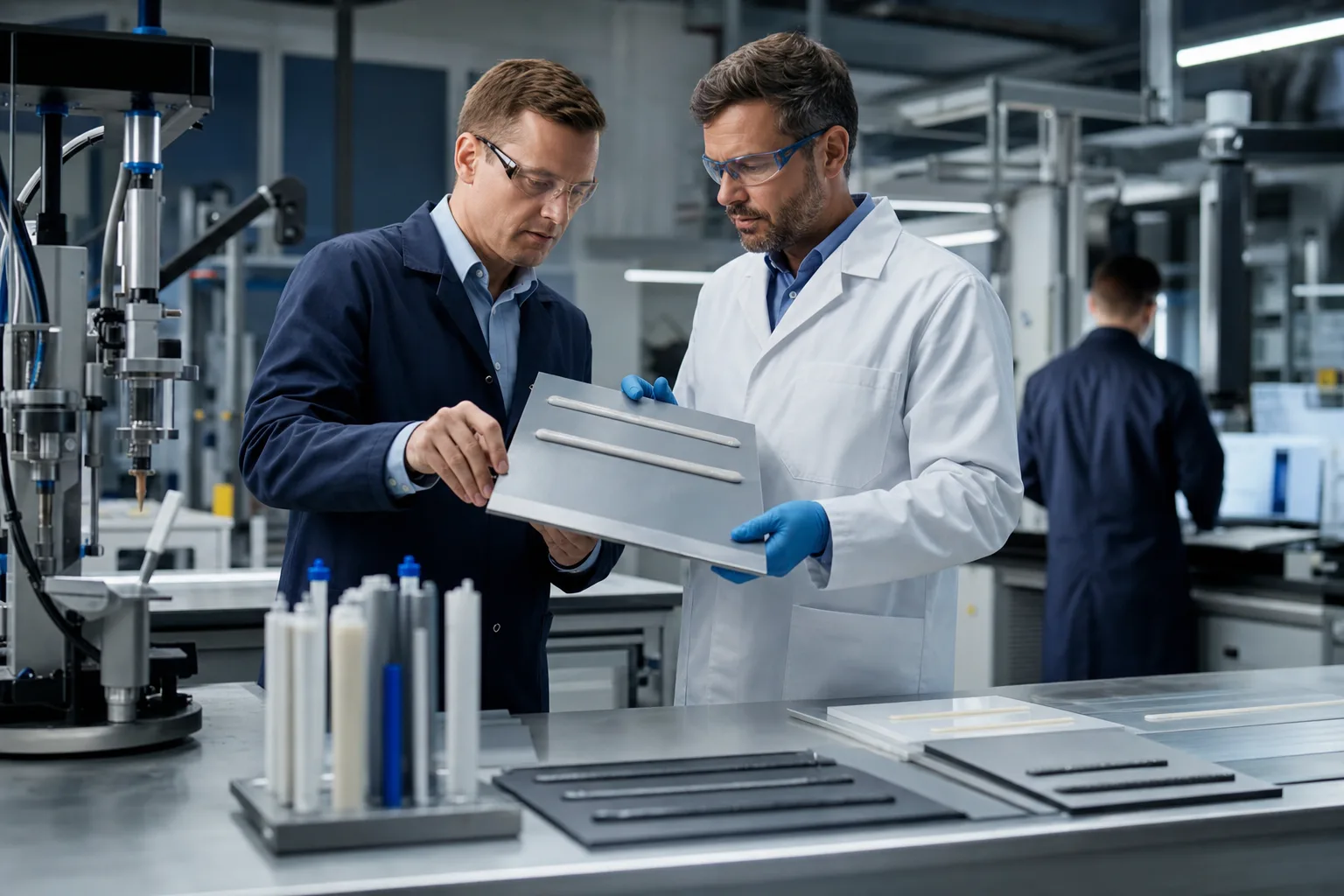 Engineers review polyurethane adhesive performance on mixed materials during formulation testing.
