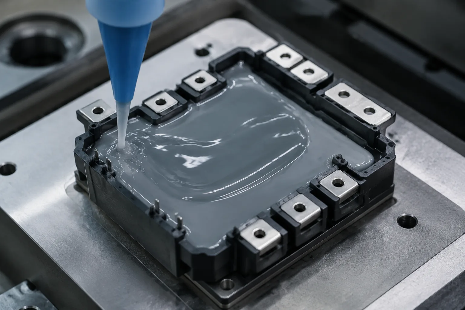 A photo-realistic scene showing IGBT/MOSFET modules surrounded by high-temp silicone encapsulant under well-lit factory conditions, highlighting technical application.