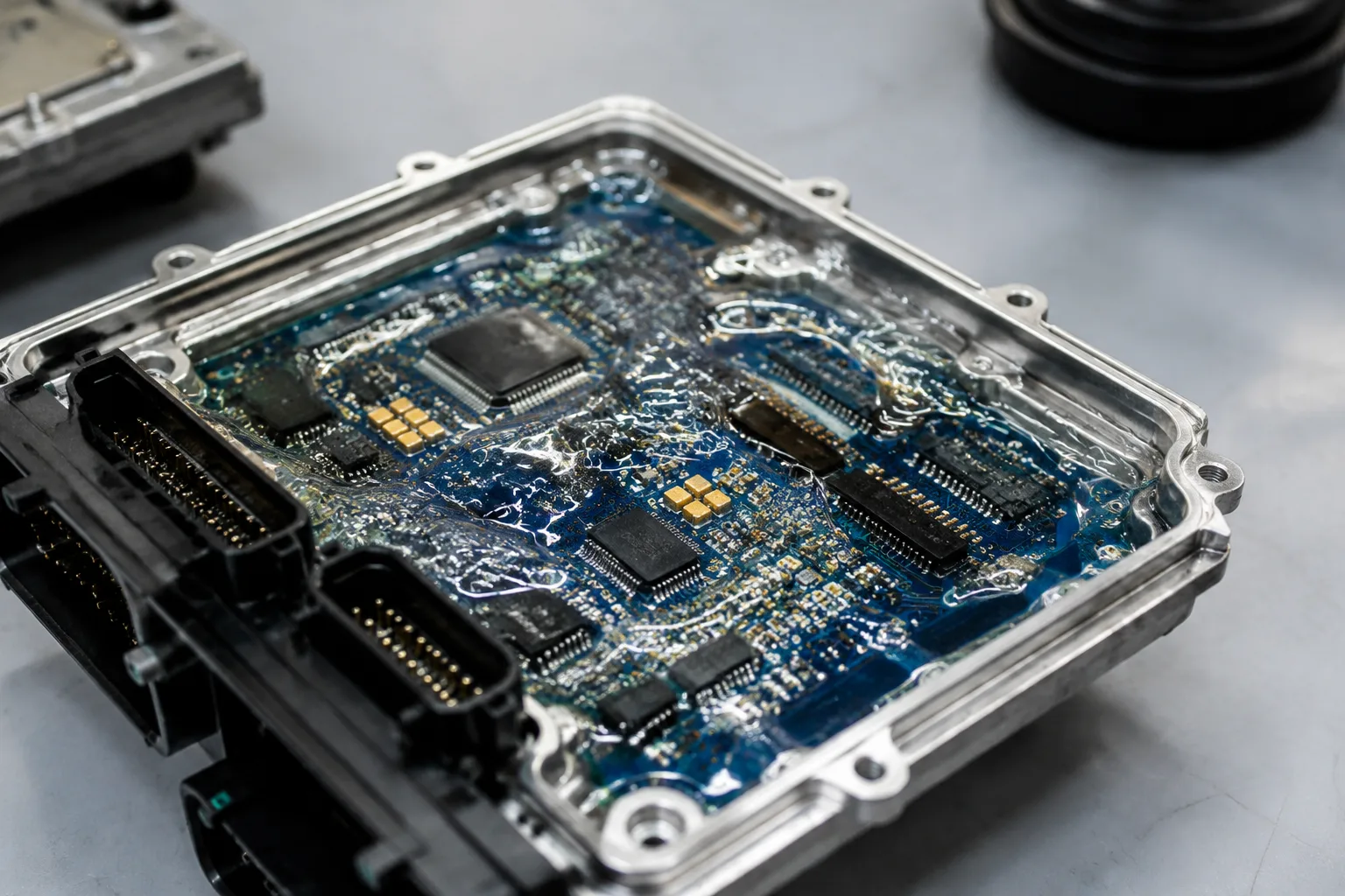 A high-resolution image showing silicone gel applied to a metal module for stress-sensitive protection. Laboratory lighting highlights the gel's transparency and flexible properties.