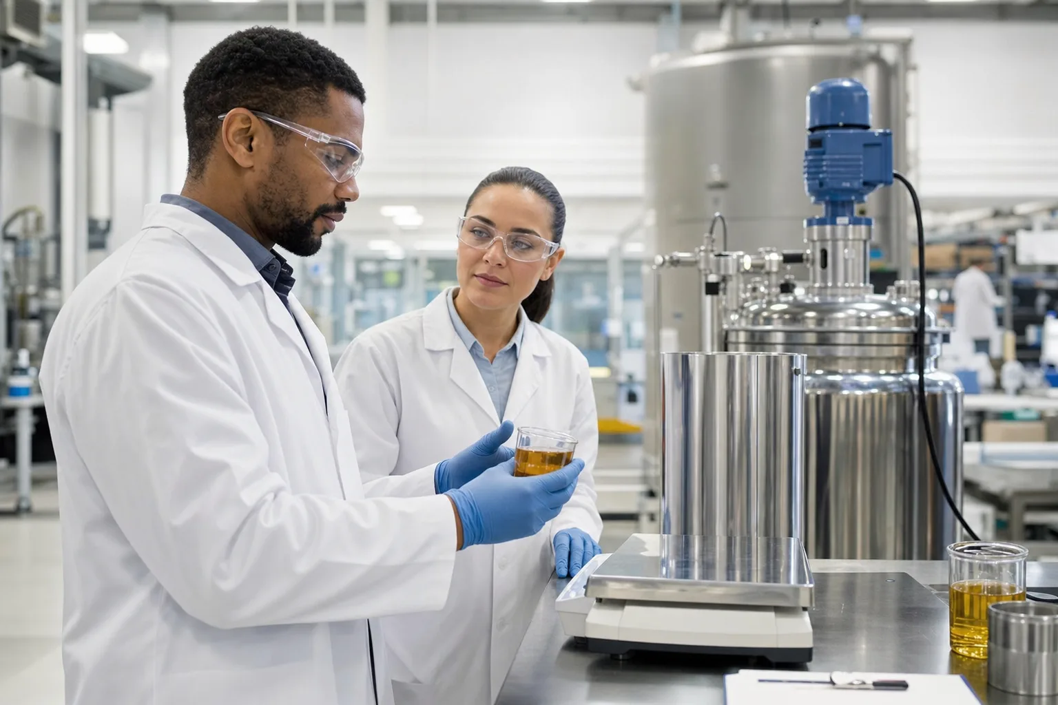 A realistic manufacturing lab scene showing formulation review and sample testing for solvent-borne adhesive development.