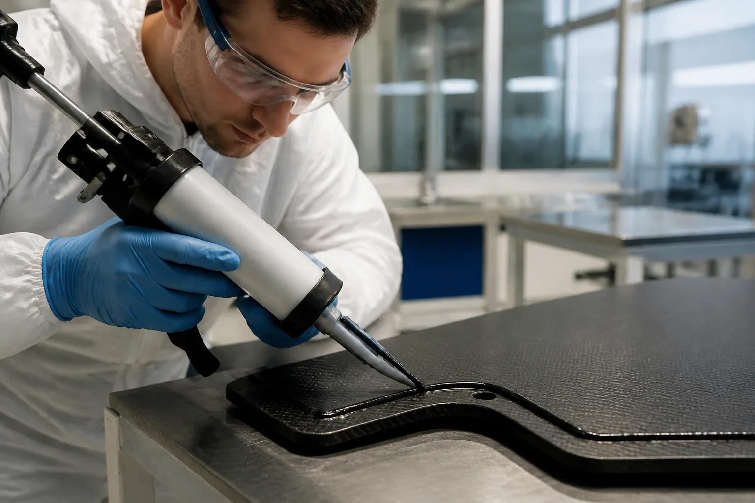 Un técnico aplica con precisión adhesivo de poliuretano a un panel de fibra de carbono, demostrando la utilidad práctica del adhesivo en los procesos de ensamblaje de materiales compuestos.