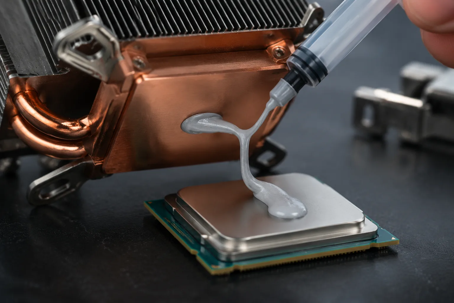 La aplicación de pasta térmica entre un procesador y un disipador de calor demuestra una disipación de calor eficaz en la fabricación de productos electrónicos, lo que subraya la naturaleza práctica y la importancia de la calidad de la interfaz.