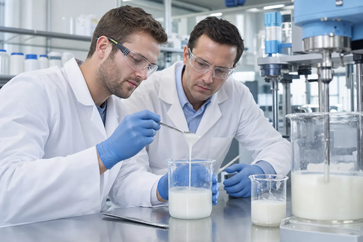 A clean adhesive formulation laboratory scene showing waterborne adhesive development and sample evaluation.
