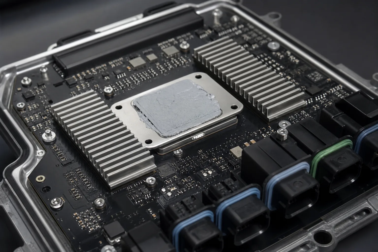 This image highlights the application of heatsink and thermal interface material on a high-compute ADAS chip inside modern automotive electronics.