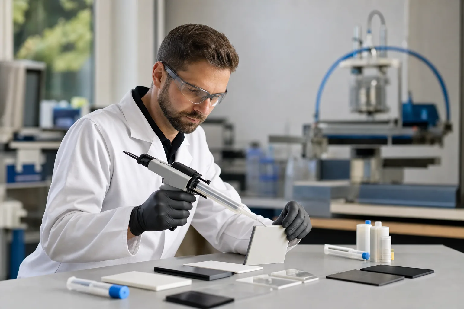 A realistic manufacturing lab scene focused on surface preparation and bond evaluation for low surface energy plastics.