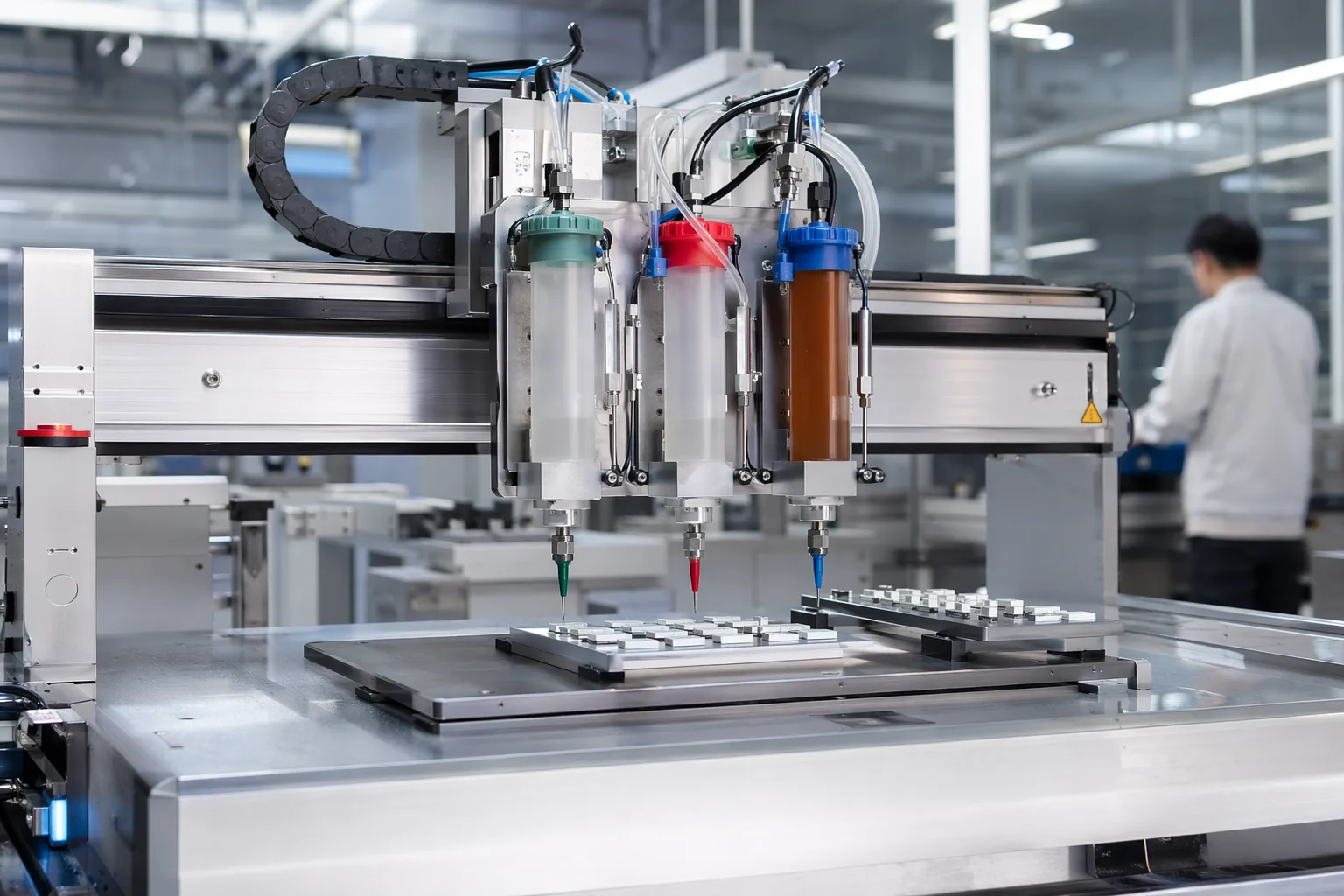 A realistic manufacturing lab scene focused on adhesive dispensing setup and process evaluation across different chemistries.