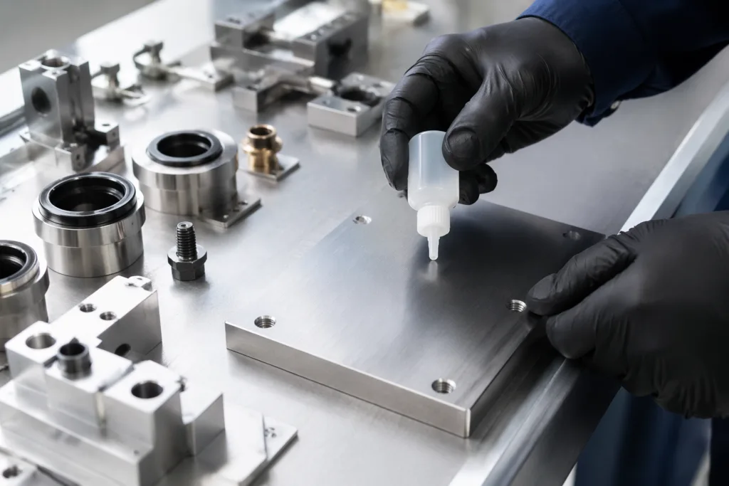 The image shows an application engineer preparing to apply an instant adhesive activator to metal materials in a controlled manufacturing environment. The context illustrates precision and best practices for accelerating metal bonding processes.