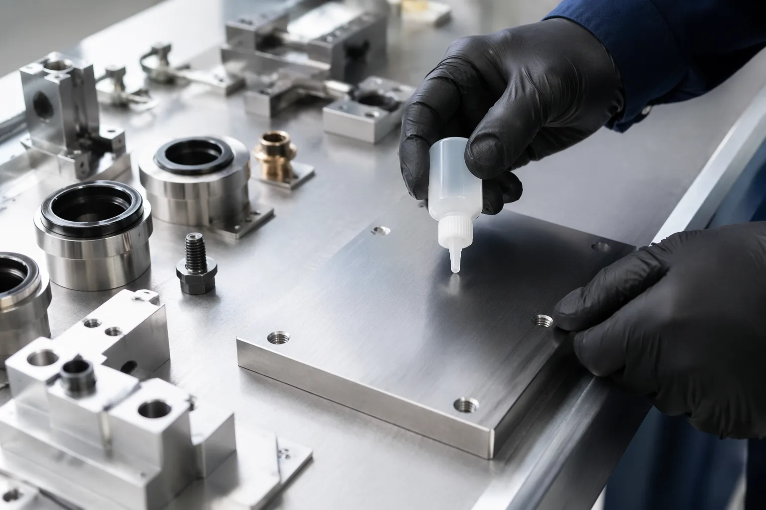The image shows an application engineer preparing to apply an instant adhesive activator to metal materials in a controlled manufacturing environment. The context illustrates precision and best practices for accelerating metal bonding processes.