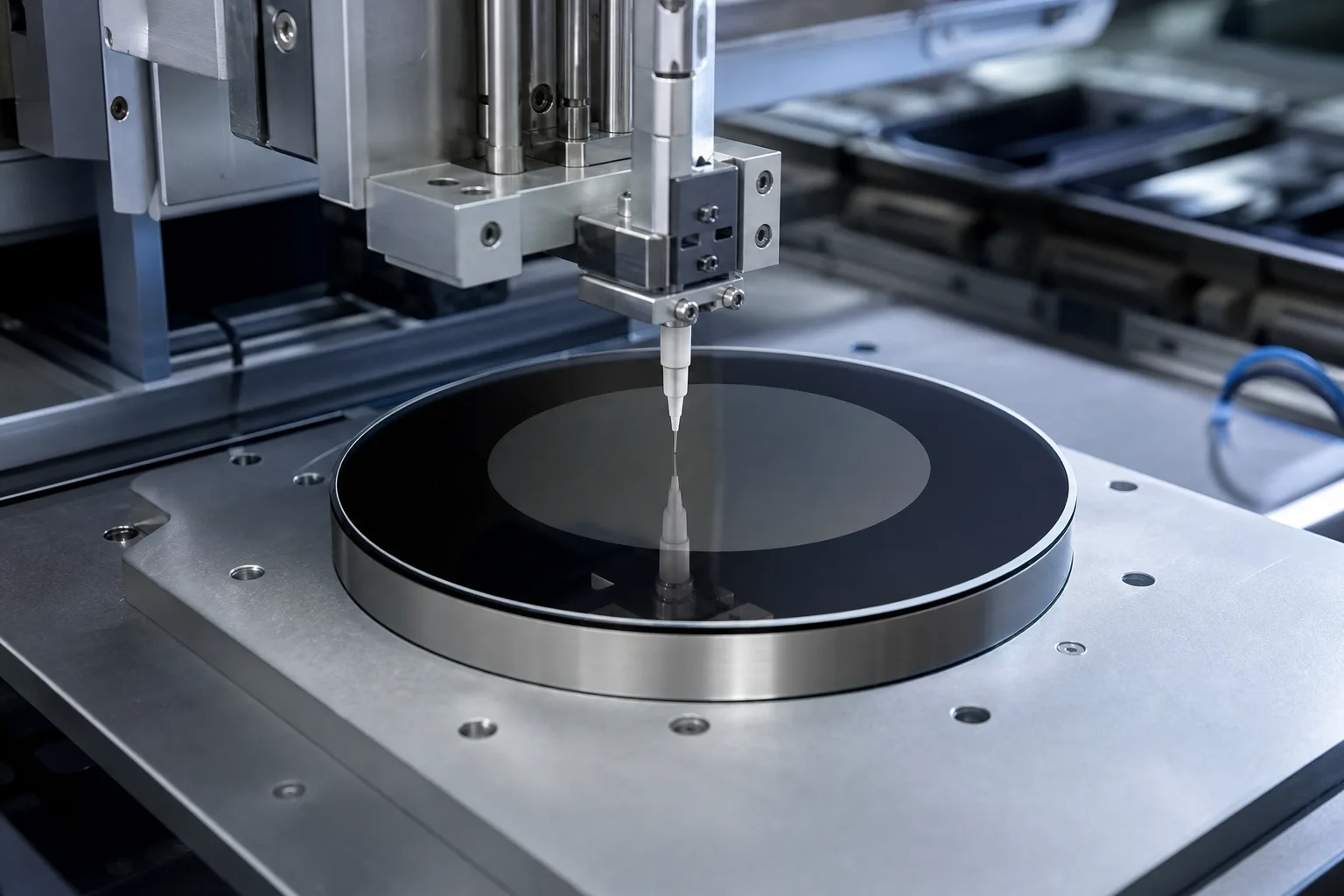 A professional assembly setup demonstrating bezel-less bonding technology on a smart thermostat LCD, emphasizing seamless design and industrial precision.