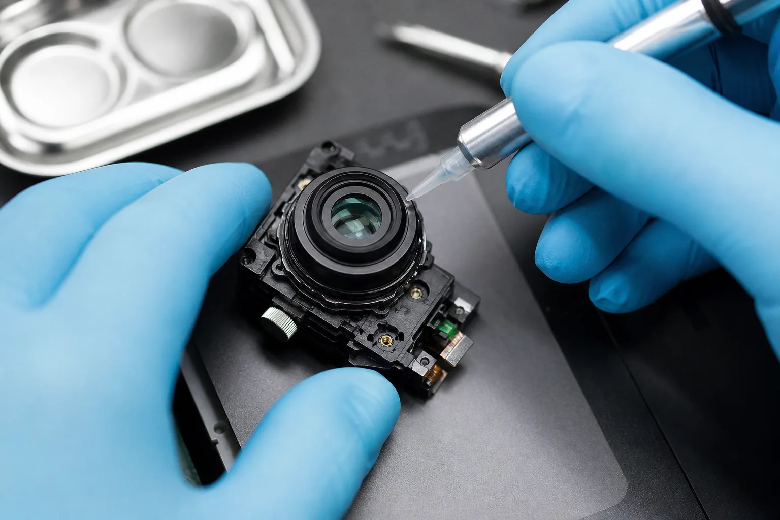 A technician applies low outgassing adhesive to a camera lens in a clean assembly environment, emphasizing precision to prevent lens fogging and maintain image clarity.