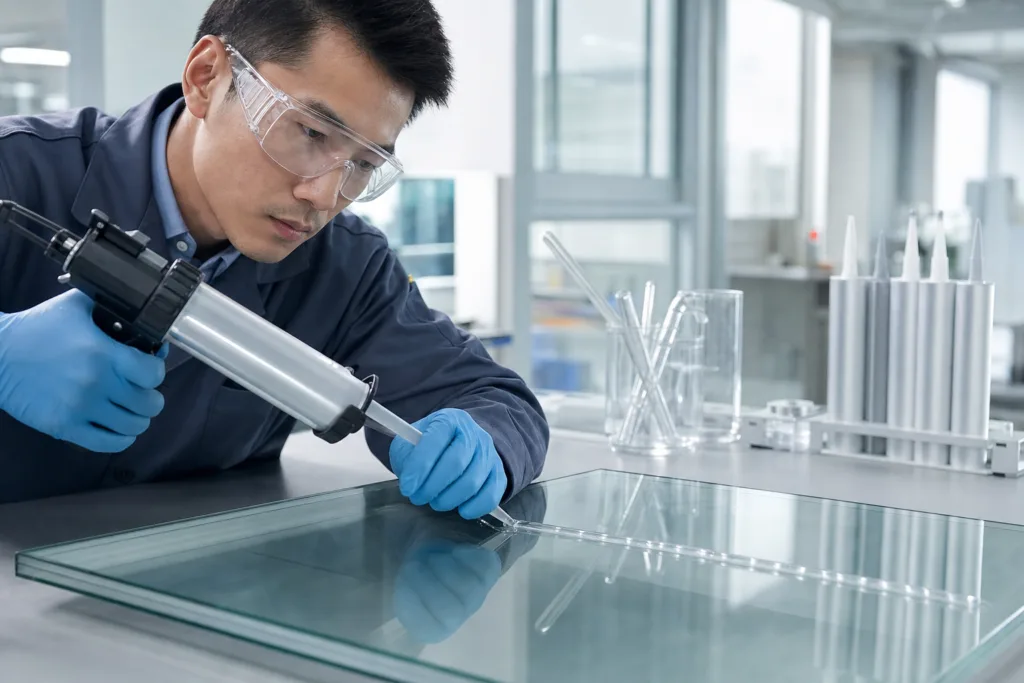 A clean laboratory scene showing glass bonding evaluation and clarity inspection for a clear silicone adhesive for glass.