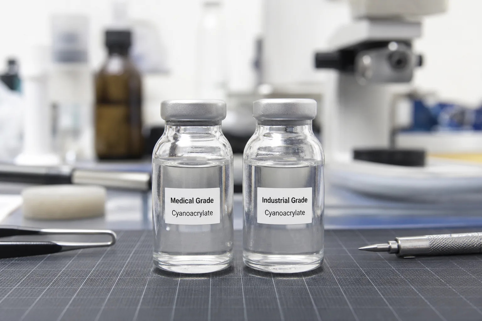 This image illustrates two types of cyanoacrylate adhesives—medical and industrial—showcased side by side on a laboratory workbench, highlighting visual and packaging differences in a controlled environment.