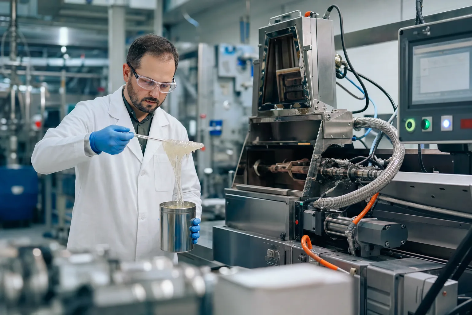 A realistic industrial scene showing adhesive evaluation and equipment matching in a clean production lab.