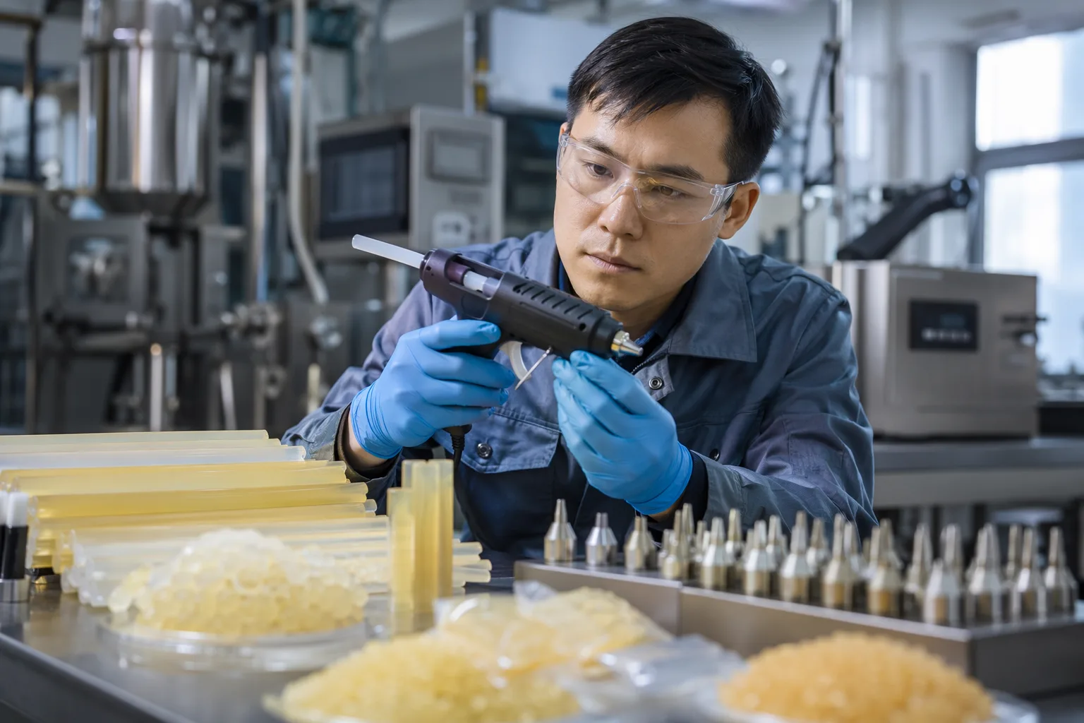 An engineer evaluates hot melt application tools and adhesive behavior in a controlled manufacturing lab environment.