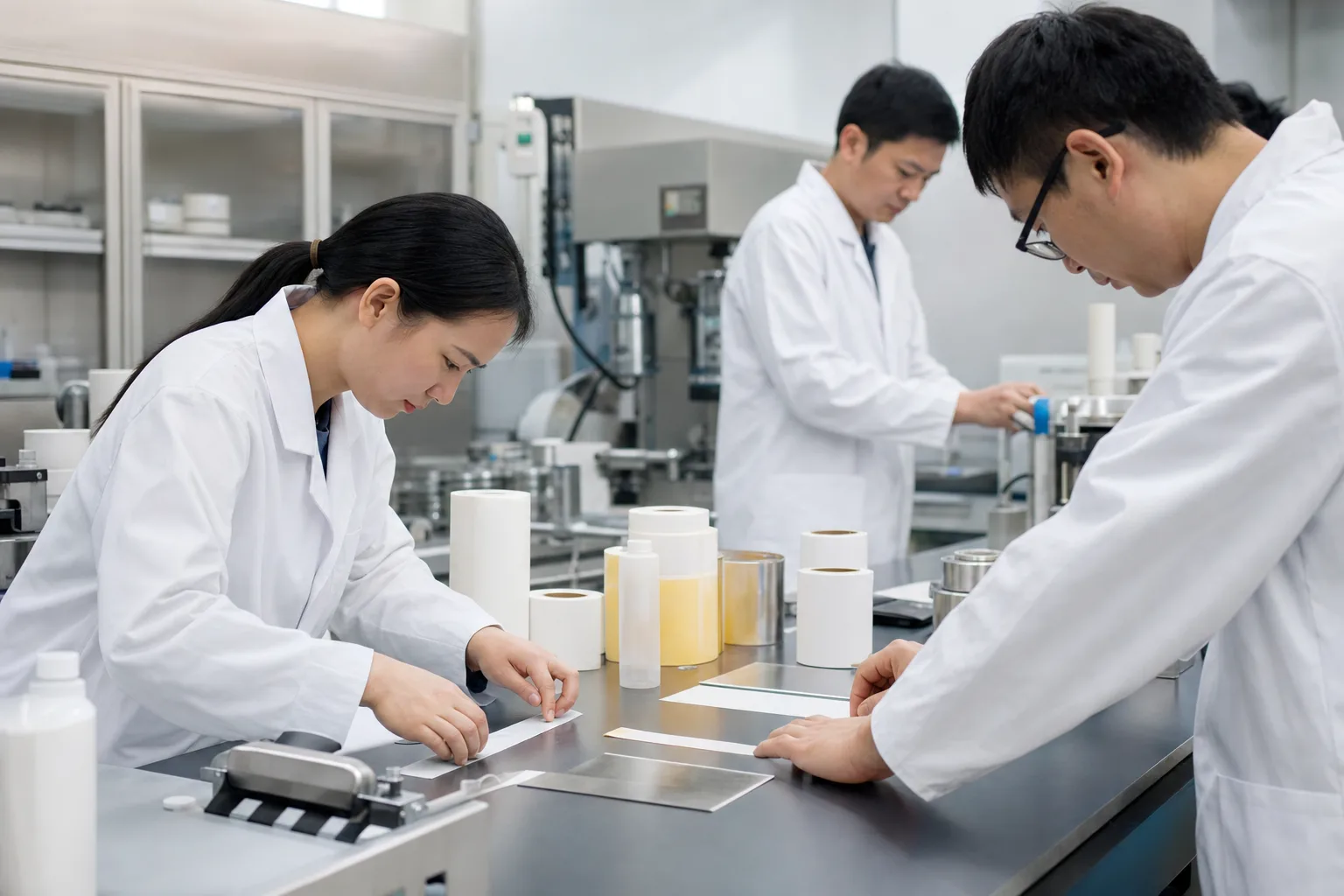 A realistic manufacturing lab scene showing substrate evaluation for permanent labels and quality testing.