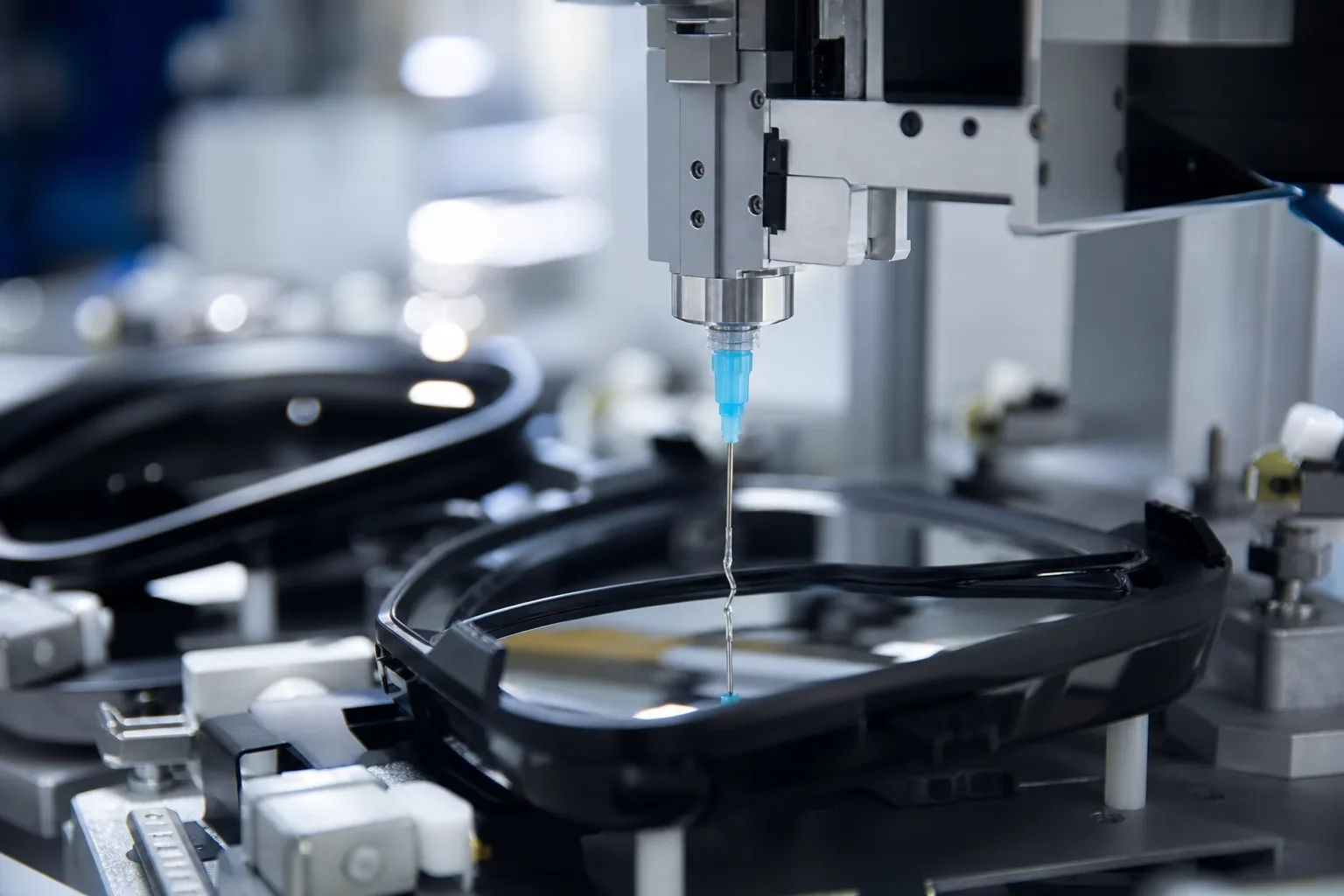 A detailed view of LOCA adhesive being applied to a rearview mirror substrate in a modern auto manufacturing environment. The lighting accentuates the clarity and precision of the process.