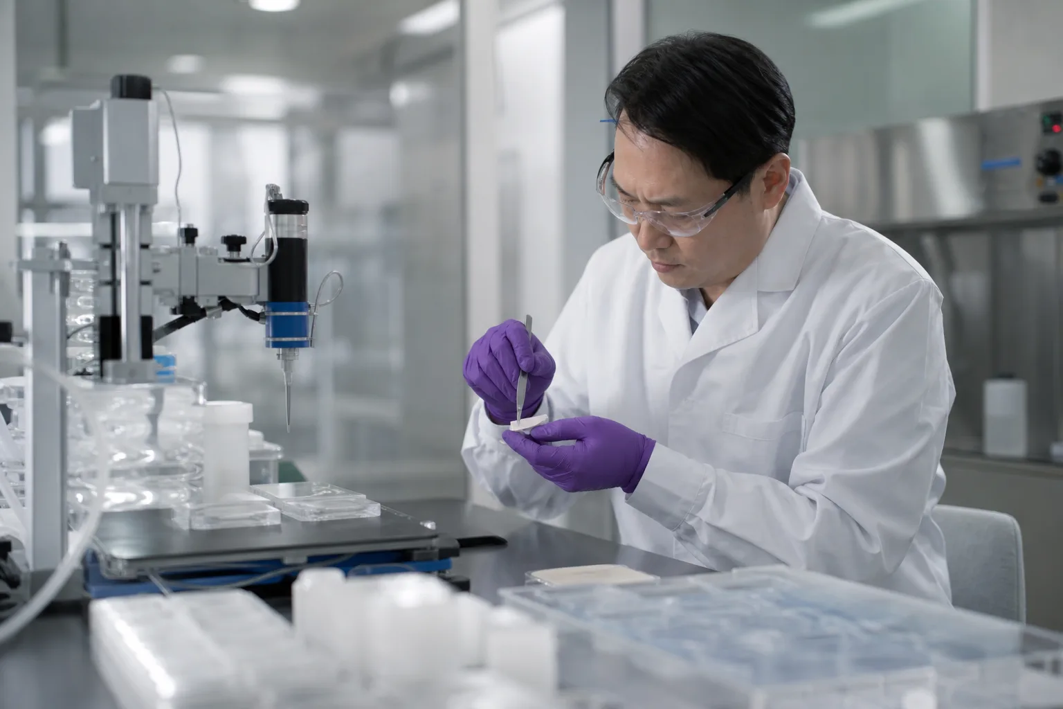 A realistic adhesive formulation lab focused on sample evaluation for medical device adhesives.