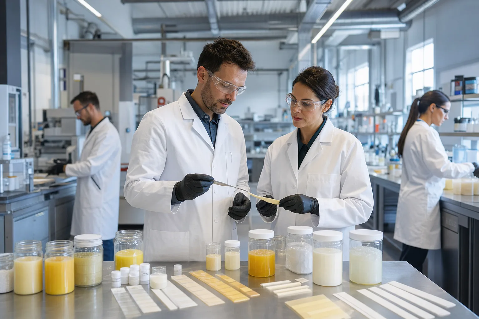 Engineers evaluate packaging adhesive samples and application behavior in a modern manufacturing lab.