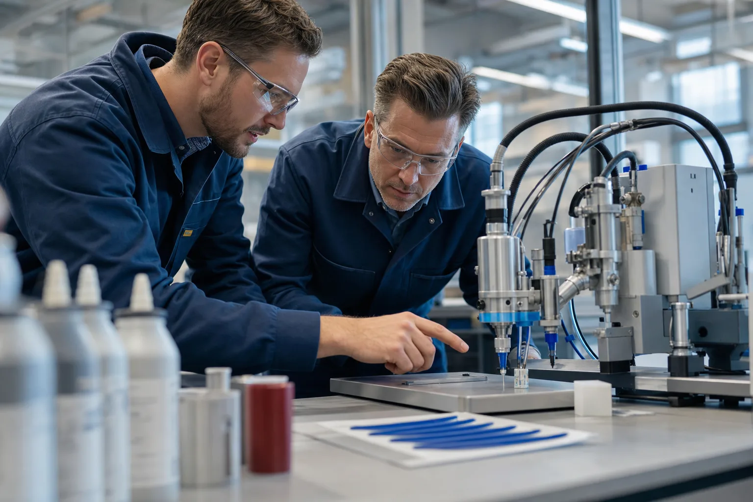 Engineers test precision dispensing performance on a clean industrial workbench.