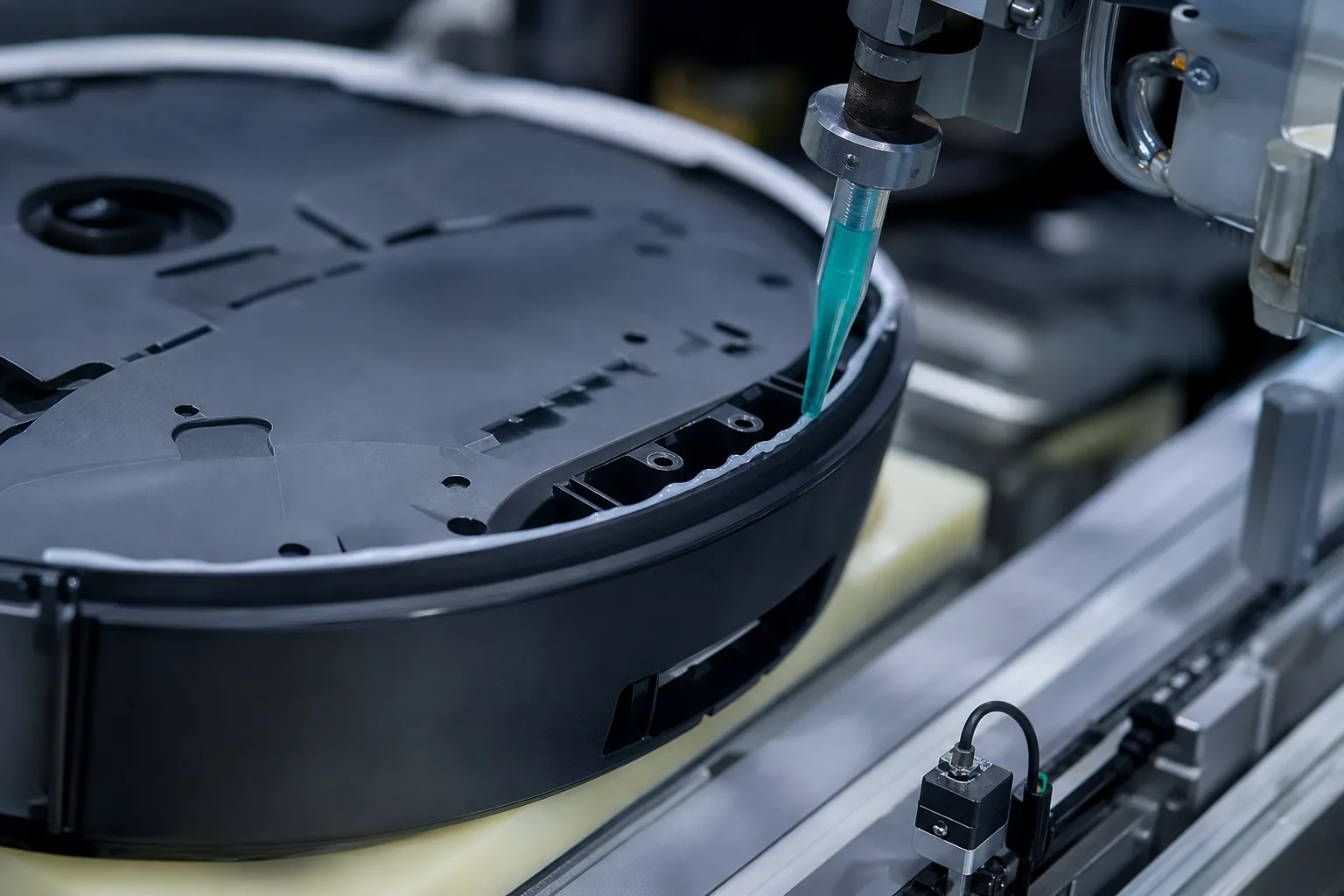 The image shows a robot vacuum bumper being bonded to its frame with adhesive, highlighting the precision and technical process in modern manufacturing.