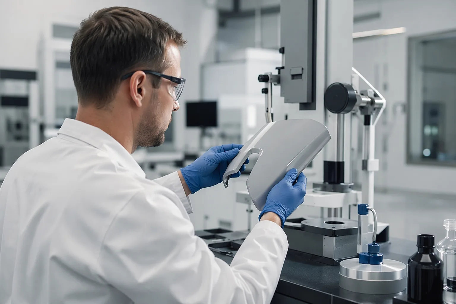 A technician evaluates coating wetting and adhesion on difficult plastic substrates in a controlled manufacturing lab.