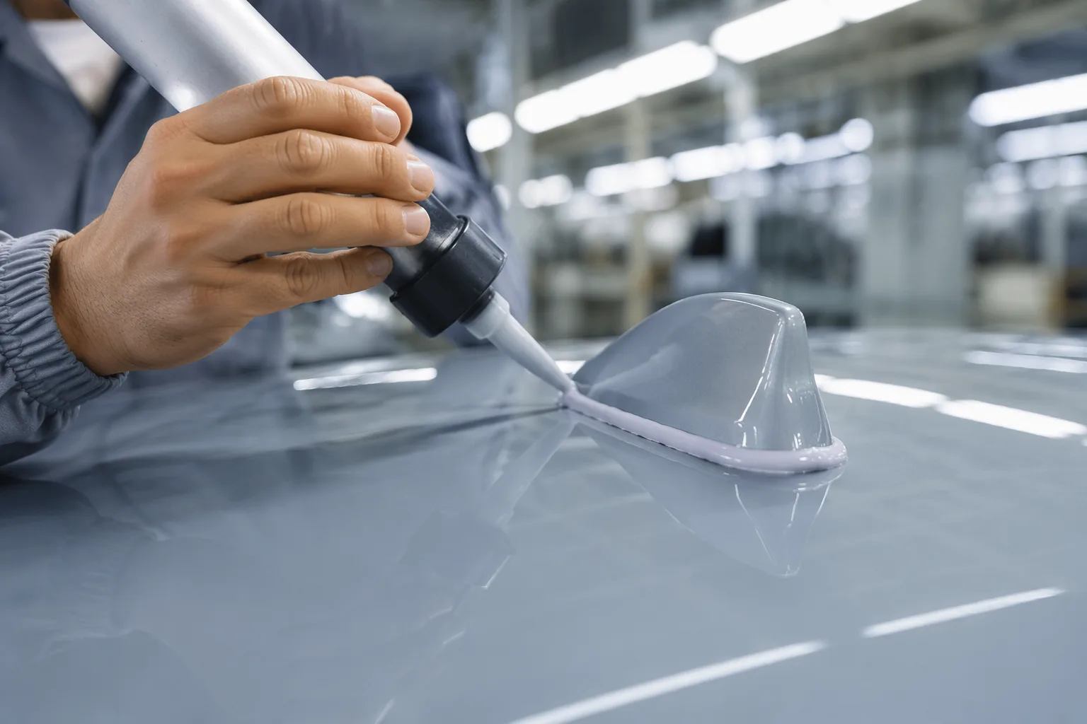 This image shows the detailed process of waterproof sealing for external GPS/shark fin antennas. Silicone sealant is applied carefully to a car roof for maximized weatherproofing.