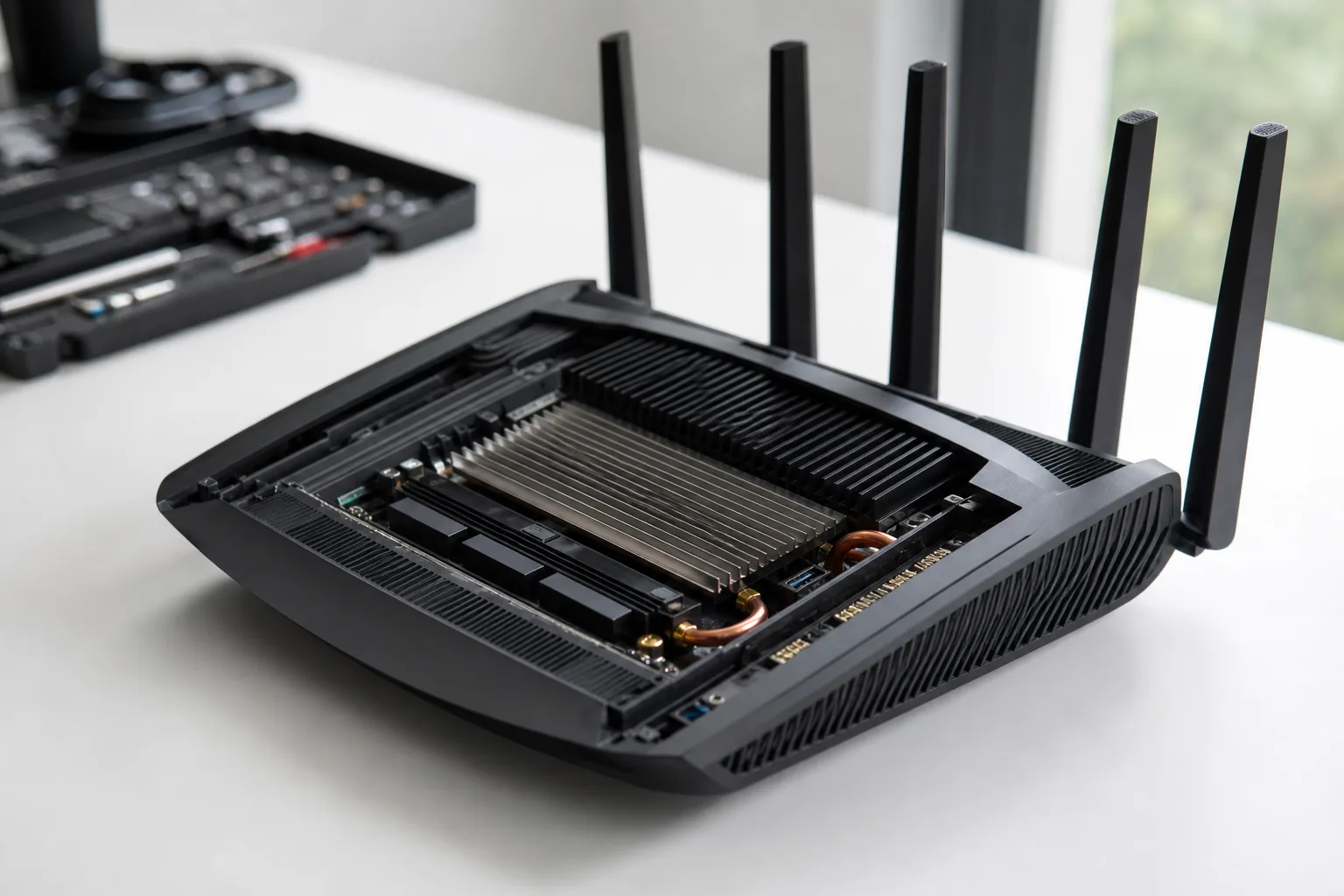 A modern WiFi 7 router is shown with its casing cut away to expose heat sinks, vent design, and layout, illustrating key thermal management concepts.