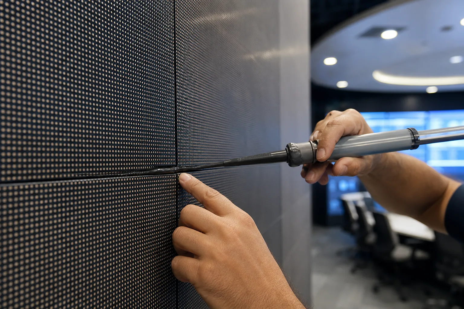 This image captures an expert precisely dispensing a gap filling adhesive between video wall panels, showing the technical care required for seamless display assembly.