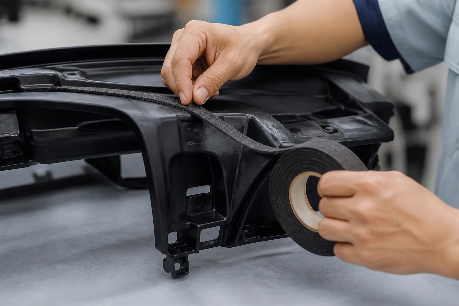 Application of non-abrasive alternatives to lubricated tape for squeak and rattle prevention in car dashboards, focusing on hands-on assembly techniques.