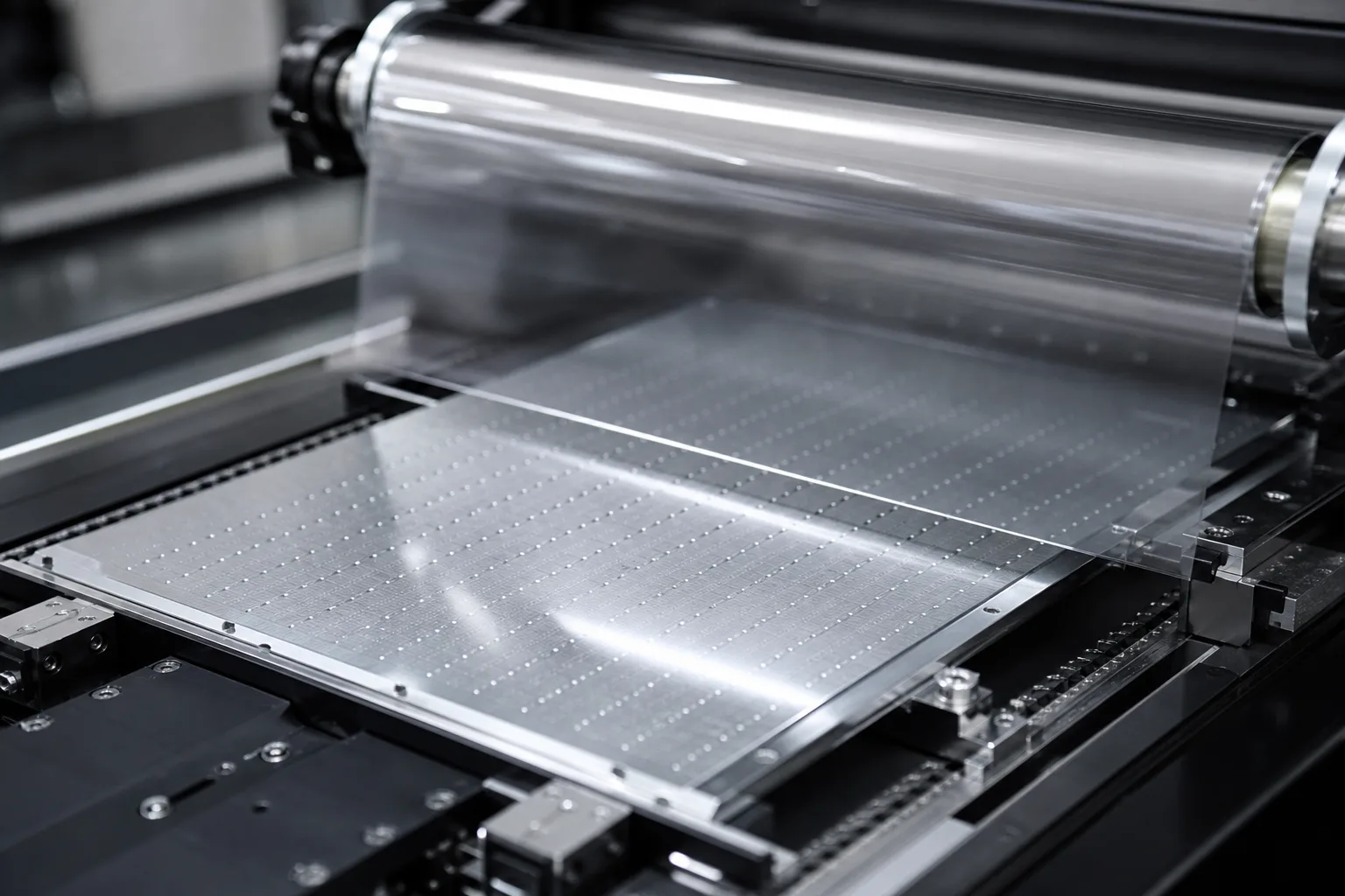A detailed view of reflective film application onto Mini-LED backlight panels, spotlighting industrial assembly conditions and advanced bonding techniques.
