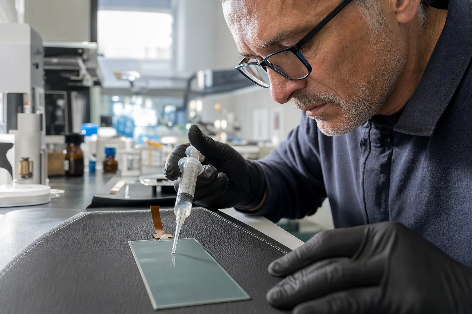 A technician precisely applies adhesive, attaching a touch sensor to leather, illustrating smart surface technology integration in a manufacturing environment.