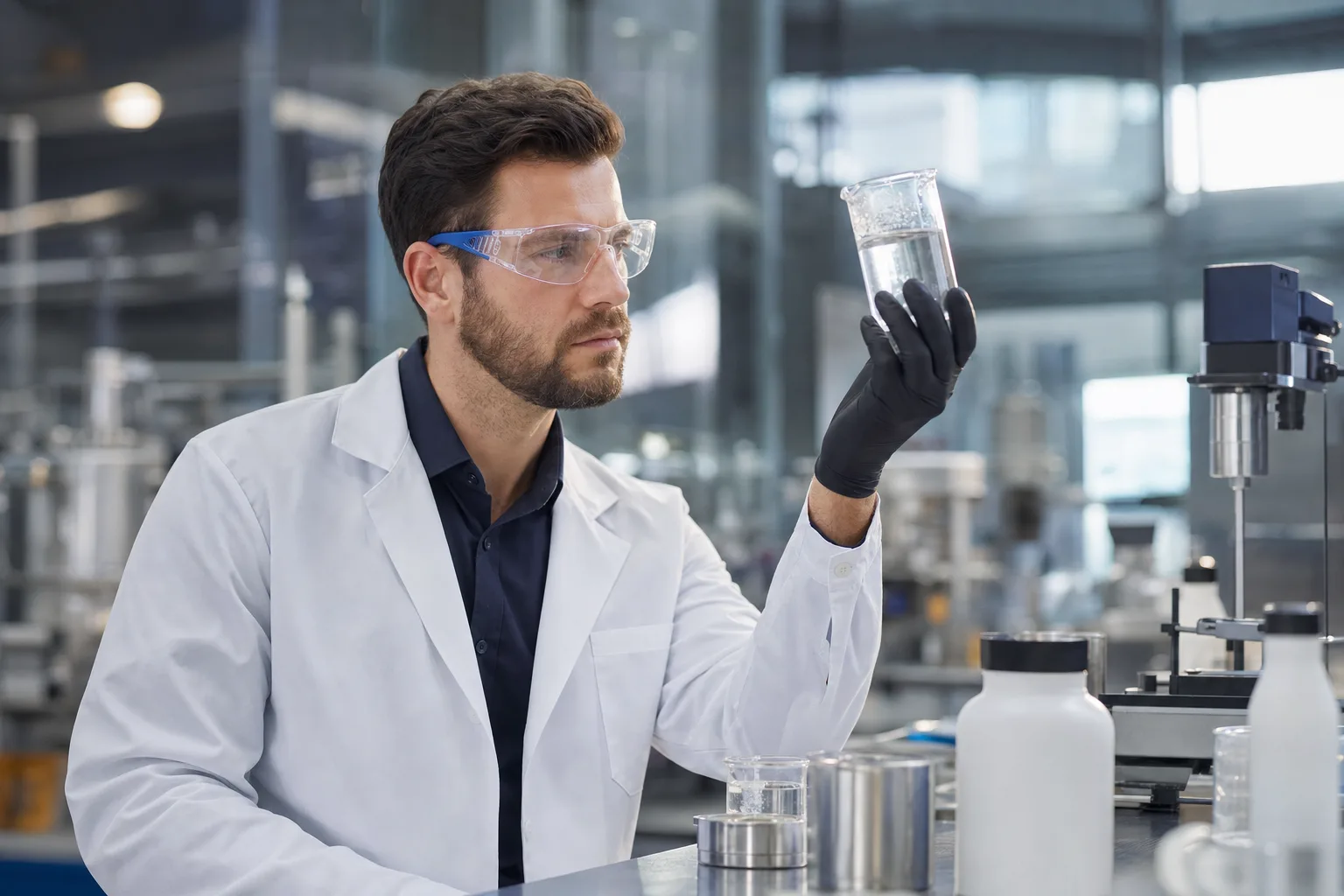 A manufacturer-style laboratory scene showing clear adhesive formulation and inspection for optical quality.