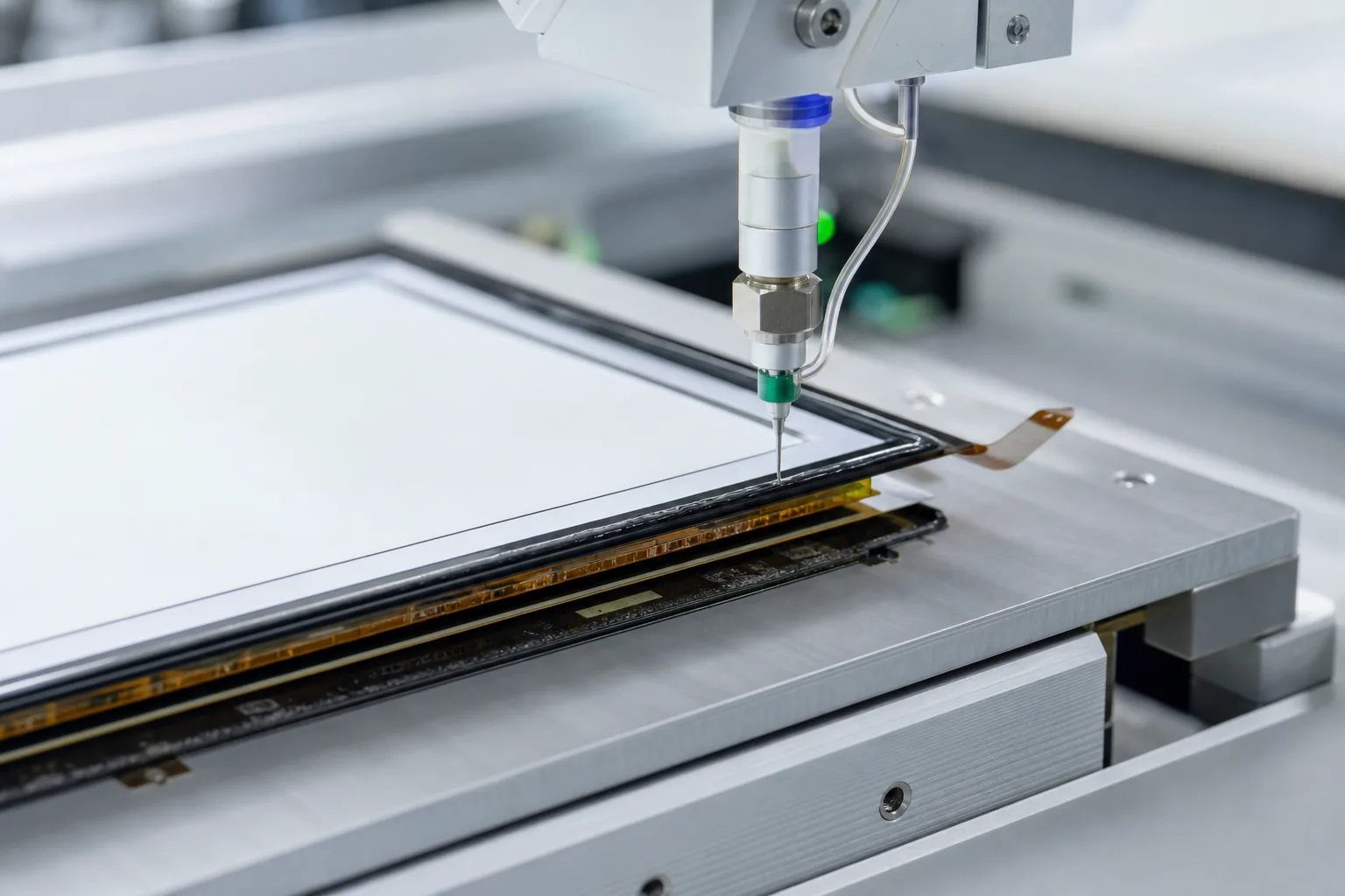 A robotic arm dispenses a precise bead of edge sealing adhesive to an E-Ink display, ensuring environmental protection and display longevity in modern manufacturing.