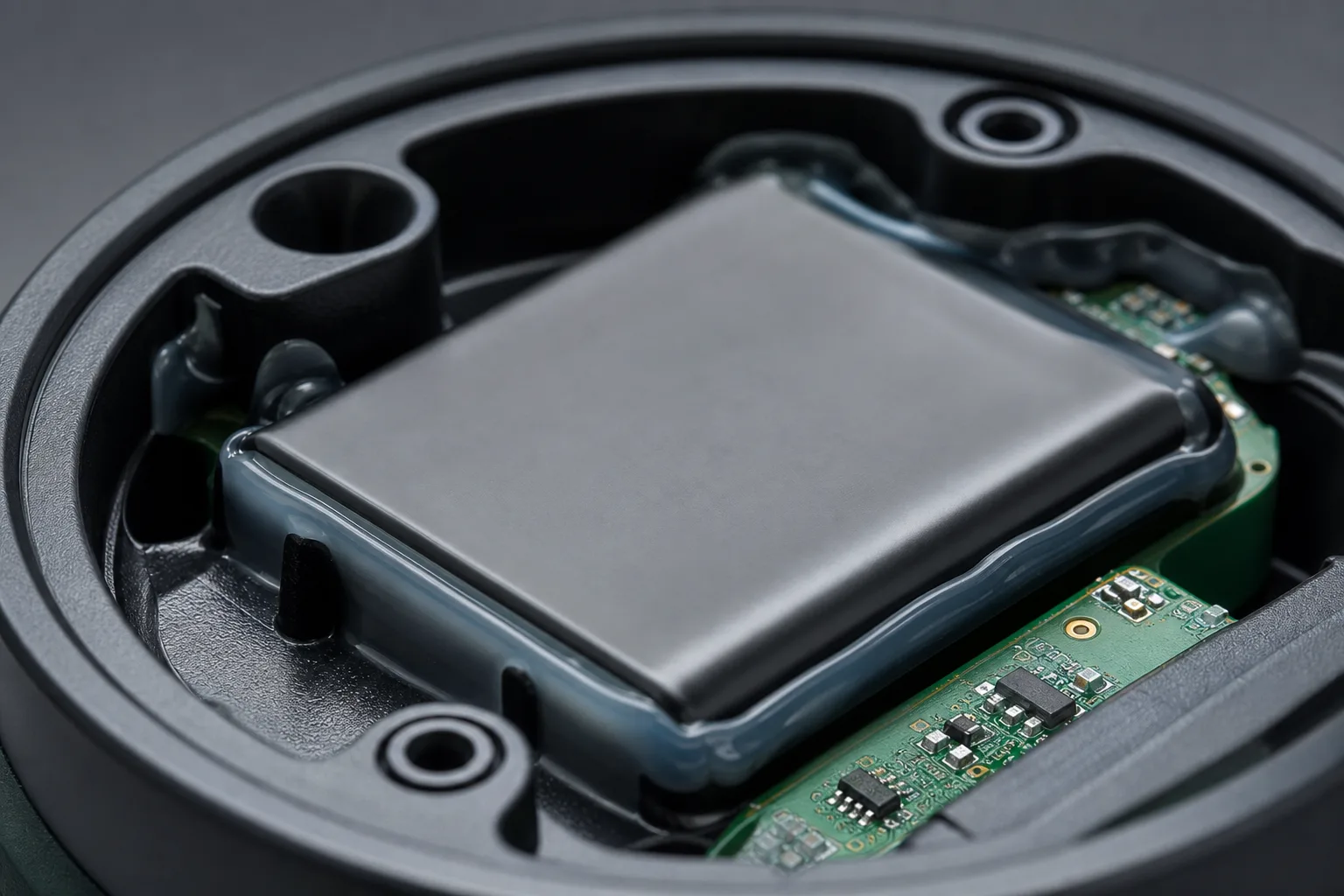 This image highlights the meticulous application of epoxy adhesive ensuring robust battery protection in a typical IoT sensor node. A technical manufacturing scene with clean lighting and focus on the battery compartment.