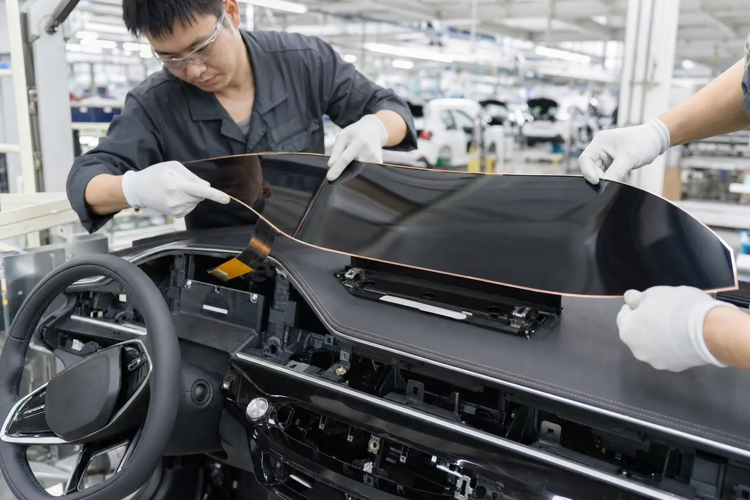 Technicians align a curved flexible OLED screen onto a digital dashboard during the bonding process in a modern automotive assembly line.
