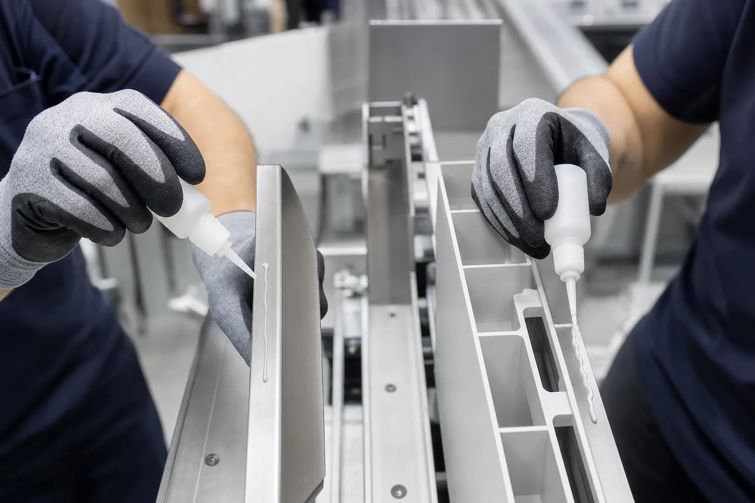 Image depicts side-by-side use of gel and liquid CA adhesives in a manufacturing setting, emphasizing their performance for vertical bonding applications.
