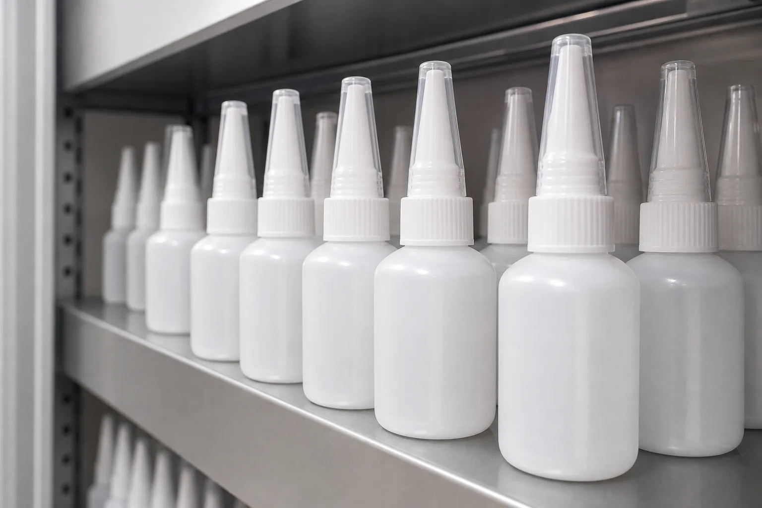 High-density polyethylene bottles of cyanoacrylate adhesive, individually sealed and stored correctly, illustrate best practices for maximizing stability and shelf life.