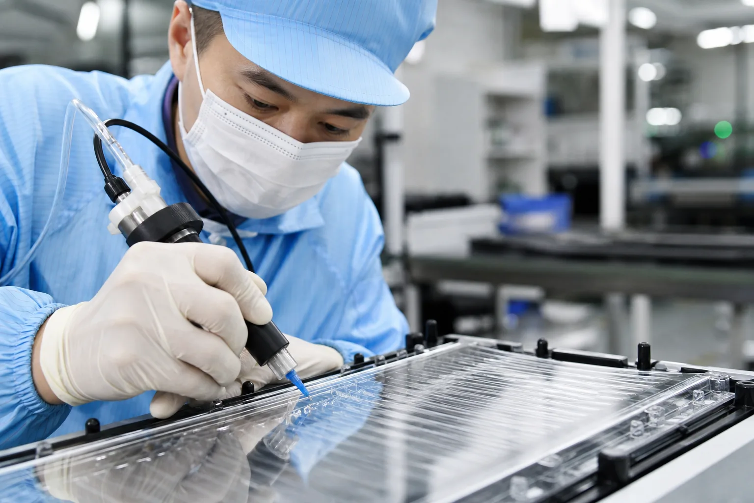 An industrial worker dispenses UV-curable adhesive onto a light guide panel during assembly, ensuring precision and clarity for automotive ambient lighting functionality.