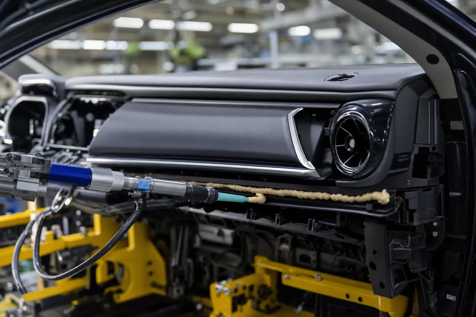 A clean professional view showing low-VOC adhesive application on a dashboard assembly, highlighting precision bonding and sustainable materials.