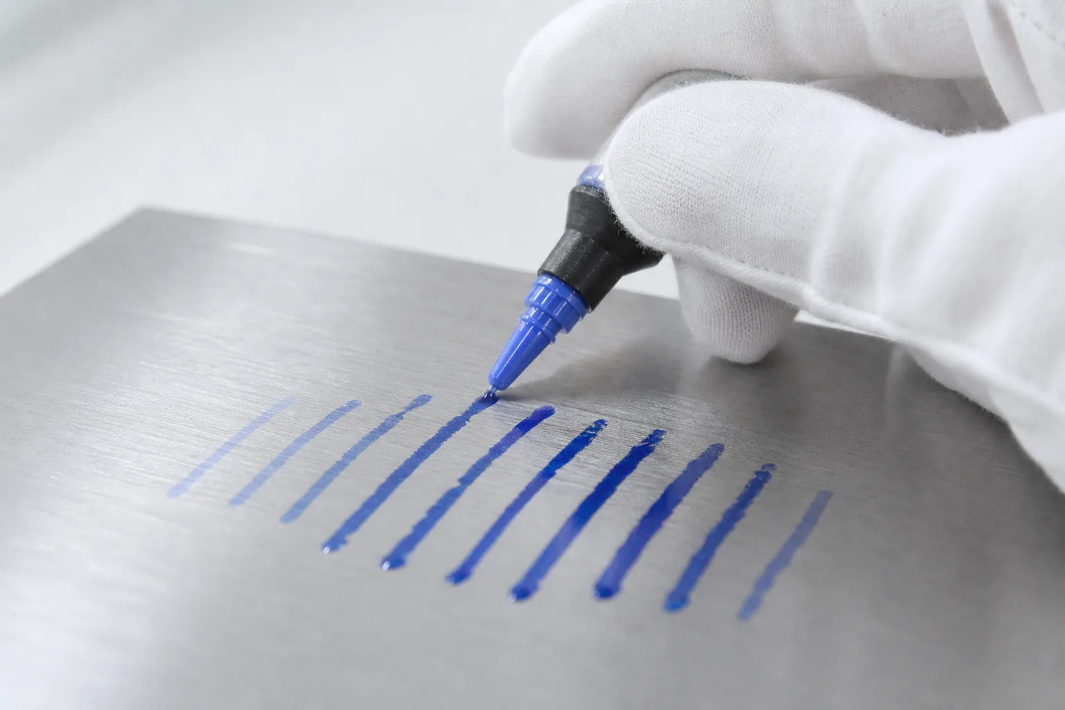 A close-up view shows a technician applying dyne ink to a clean metal surface, depicting the process of measuring dyne levels for optimal wettability.