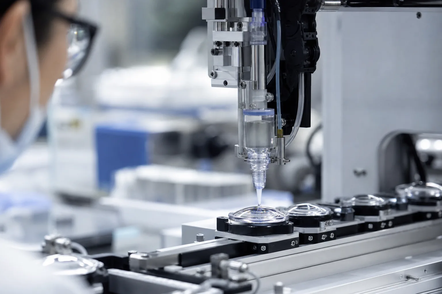 A precise industrial robot applies non-yellowing UV adhesive to a smart lighting optic, ensuring lasting clarity and durability in high-performance LED assemblies.