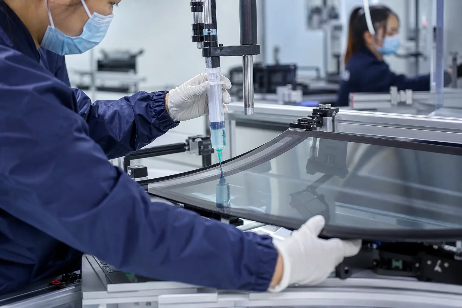 The image shows the process of bonding a curved automotive display using liquid optical adhesive, highlighting manufacturing precision and industry context.