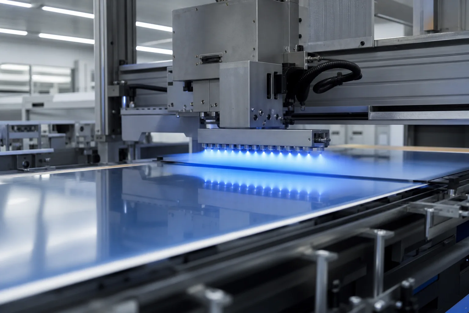 This image illustrates plasma surface treatment technology used in a continuous manufacturing line, conveying modern industrial precision and technical cleanliness.