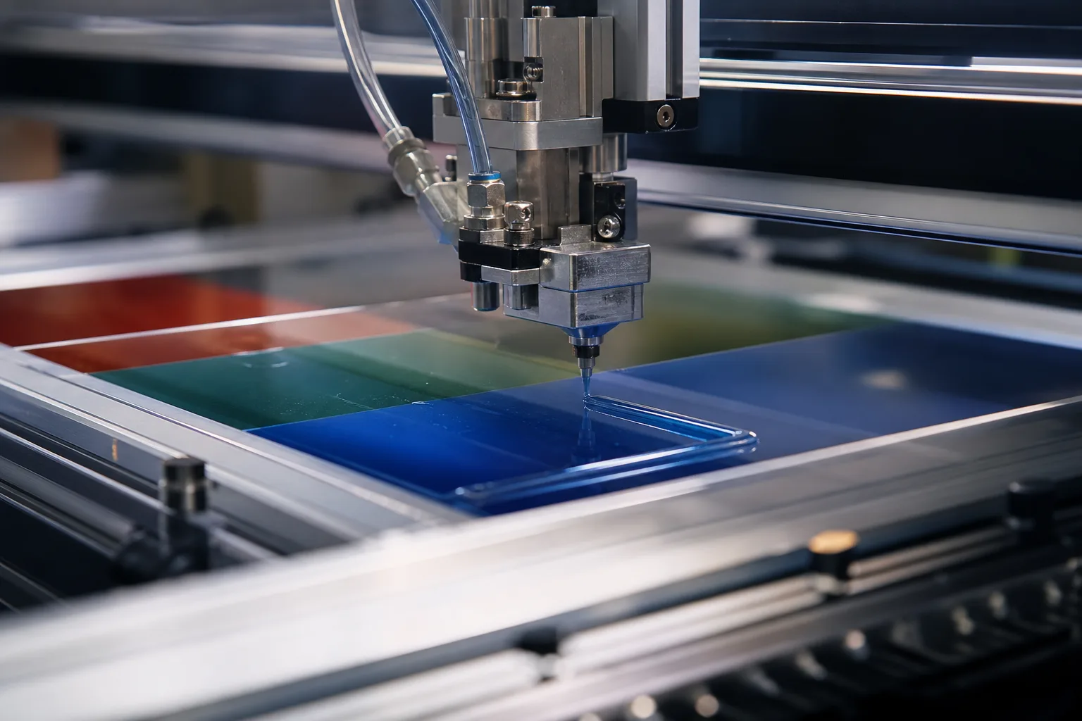 High-detail image highlighting adhesive application process on QLED film lamination with precise quantum dot layer alignment in a manufacturing context.