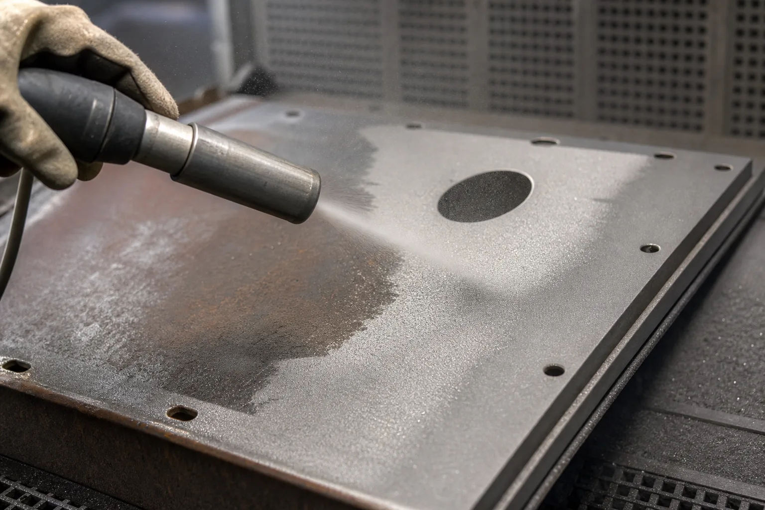 This image shows a steel panel undergoing sandblasting inside an industrial workshop, illustrating surface roughening that directly impacts bond strength.