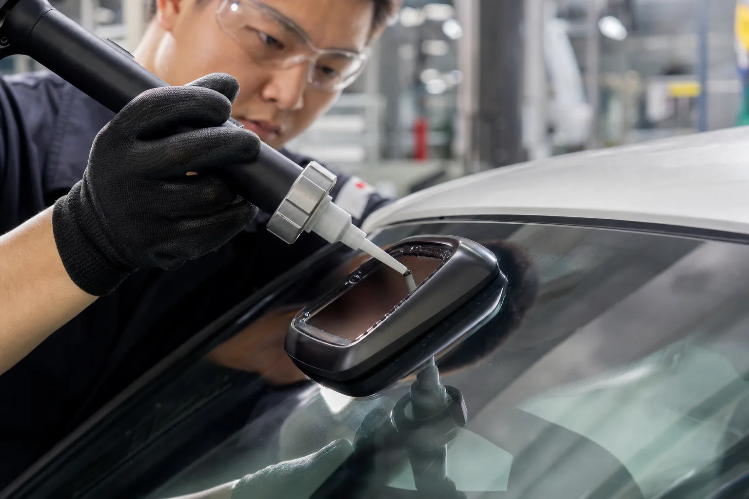 This image shows a technician precisely applying an optically clear adhesive to a HUD mirror, highlighting the invisible bonding process in a well-lit assembly environment.